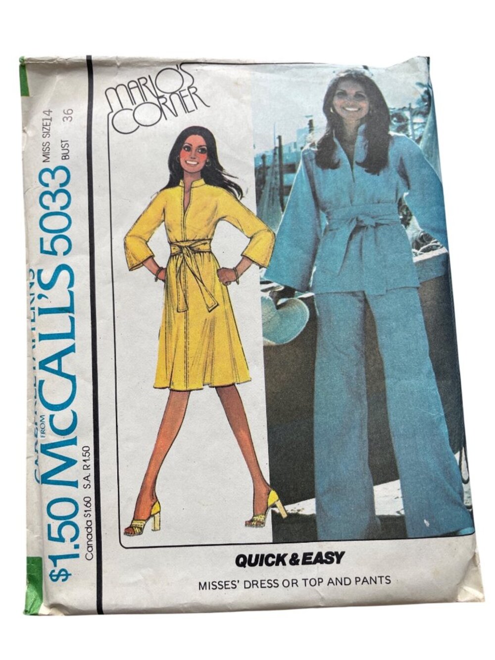 Vintage 70s McCall’s 5033 Sewing Pattern Size 14 Misses Dress Or Top Pants CUT